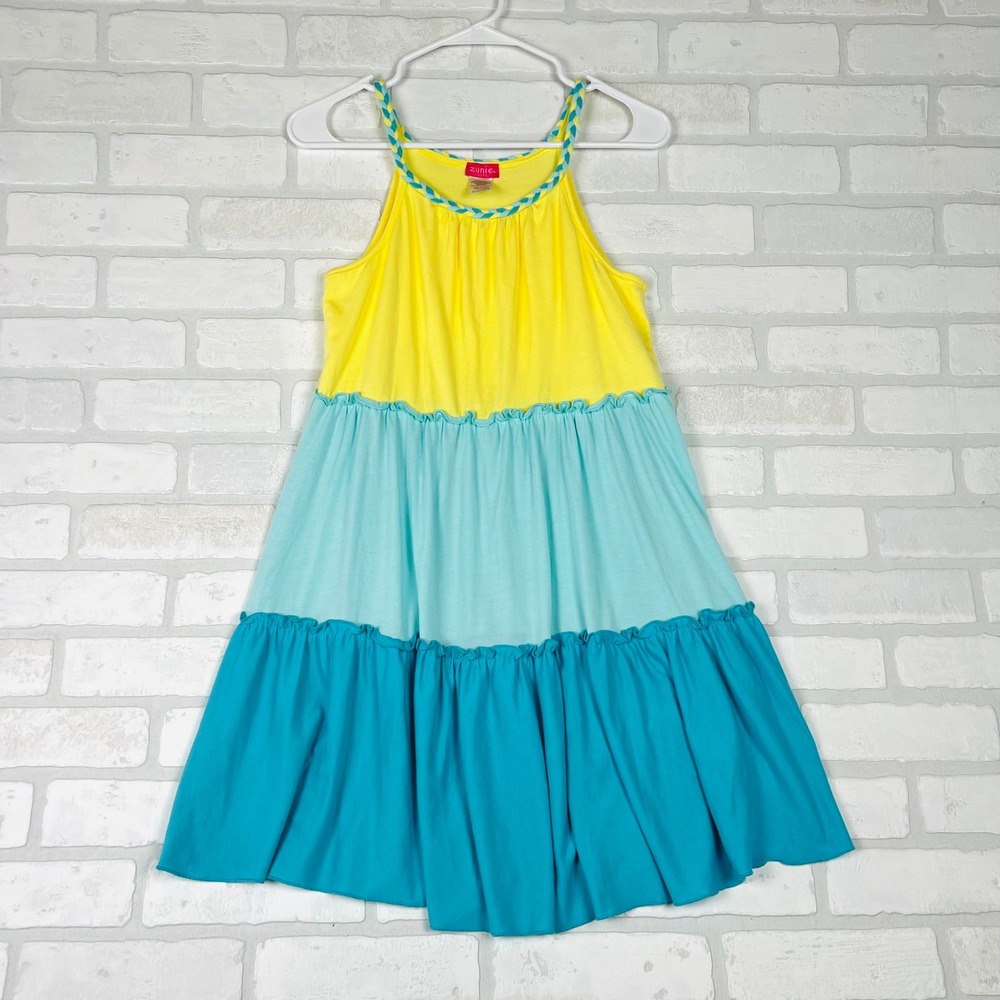 Zunie Girl Kids XL 14/16 Yellow Blue Tiered Colorblock Braided Strap Dress